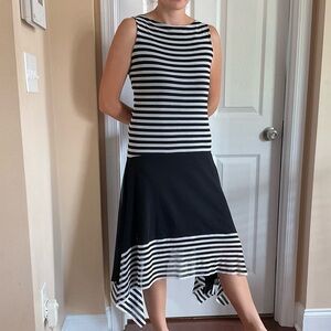Petit Pois Viviana G JPG Style Mesh Midi Dress Asymmetric Striped black white